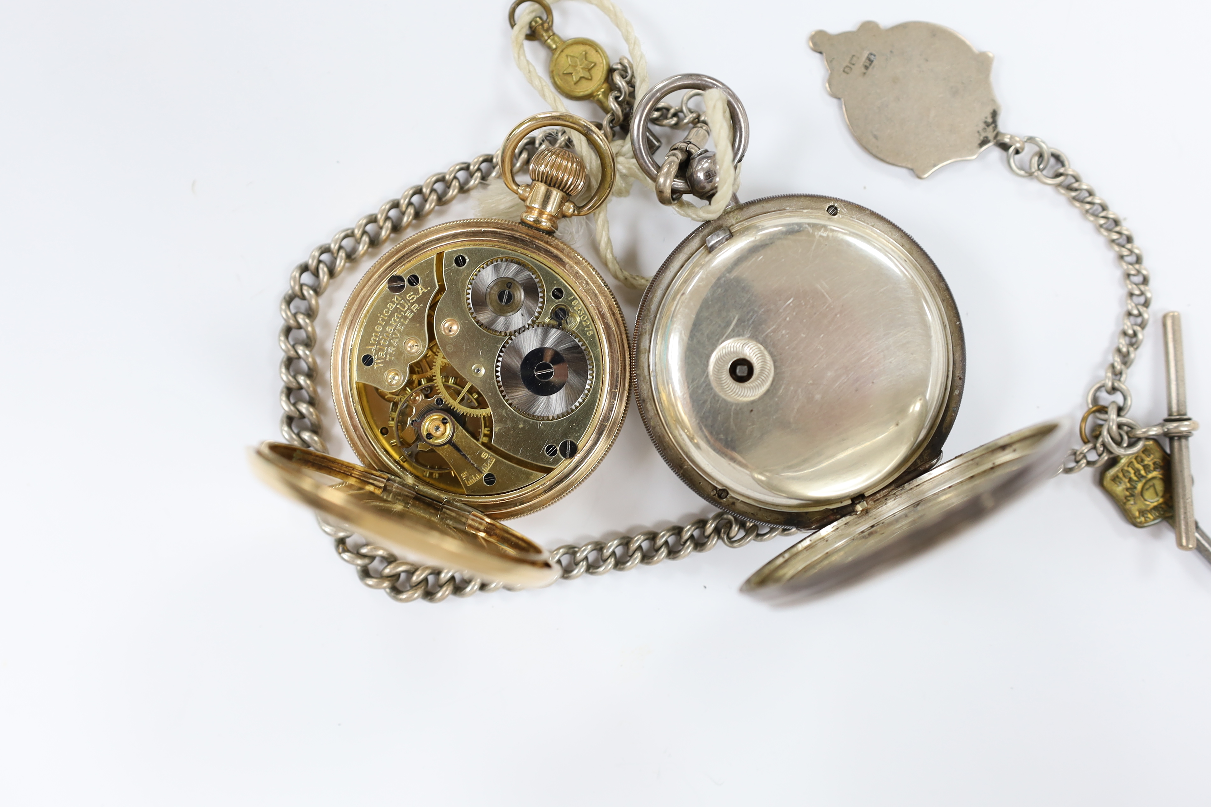 A George V silver open face keywind pocket watch by Ellis Branskey of Newcastle, on a graduated silver curb link albert, together with a gold plated Waltham hunter pocket watch and a Swiss 935 white metal half hunter fob
